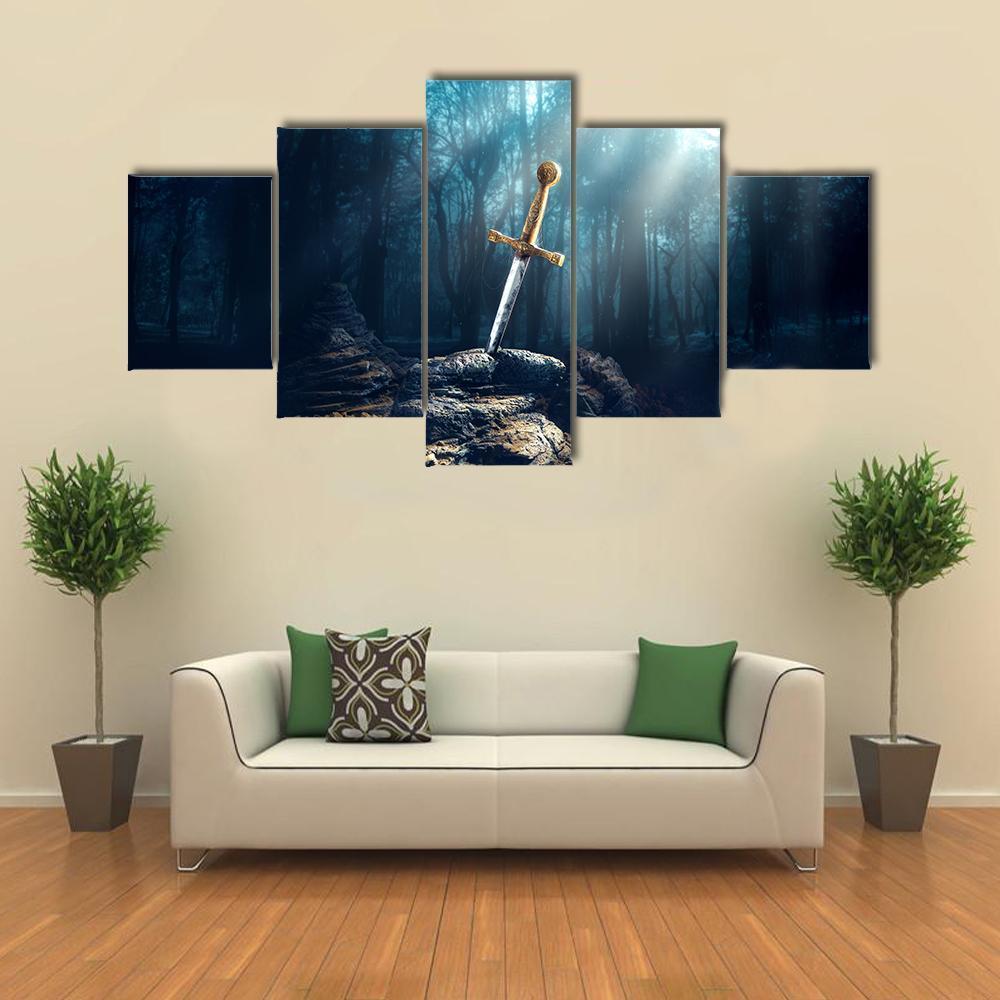 Excalibur Sword In Stone Canvas Wall Art-5 Star-Gallery Wrap-62" x 32"-Tiaracle