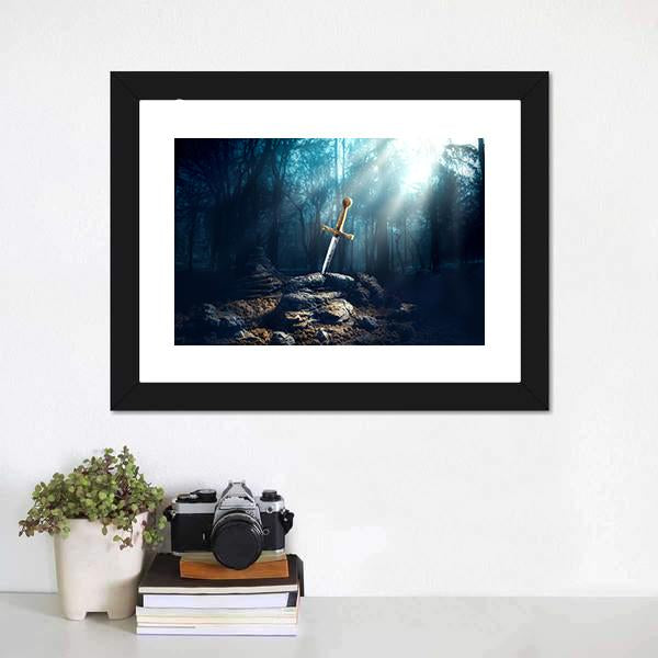 Excalibur Sword In Stone Canvas Wall Art-1 Piece-Framed Print-20" x 16"-Tiaracle