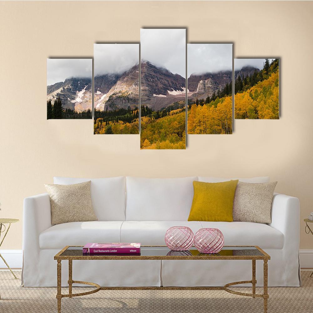 Fall At Maroon Bells Canvas Wall Art-5 Star-Gallery Wrap-62" x 32"-Tiaracle