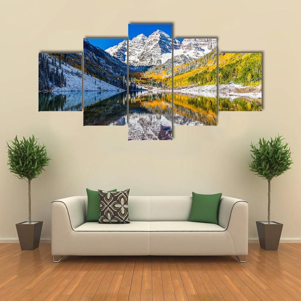 Fall Foliage At Maroon Bells Canvas Wall Art-5 Star-Gallery Wrap-62" x 32"-Tiaracle