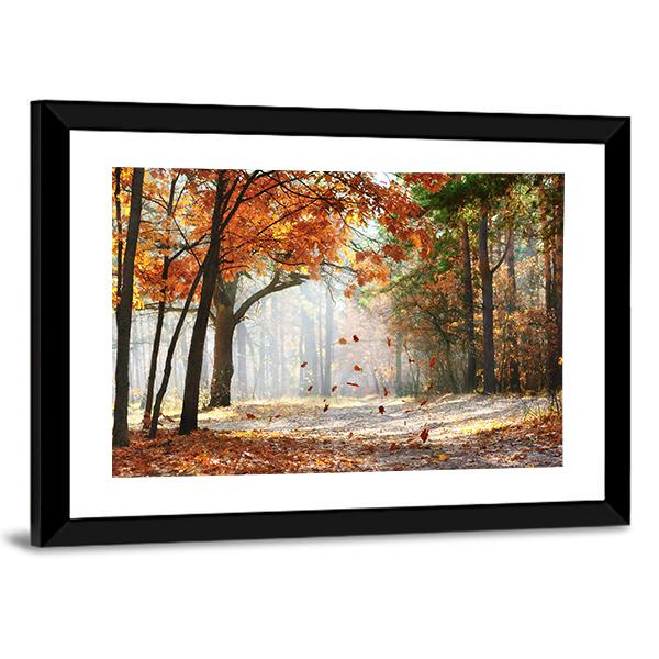 Falling Oak Leaves Canvas Wall Art-3 Horizontal-Gallery Wrap-25" x 16"-Tiaracle