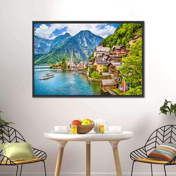Famous Hallstatt Mountain Village Canvas Wall Art-1 Piece-Floating Frame-36" x 24"-Tiaracle