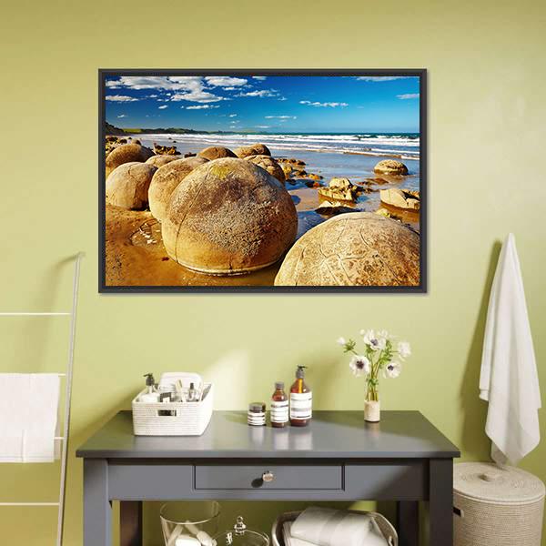 Famous Moeraki Boulders Canvas Wall Art-1 Piece-Floating Frame-24" x 16"-Tiaracle