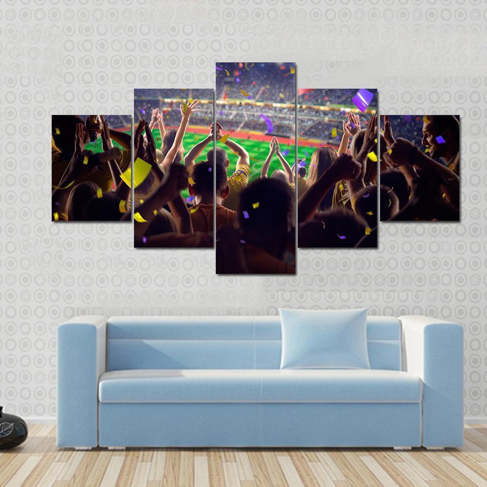 Fans On Stadium Soccer Game Confetti And Tinse Canvas Wall Art-5 Star-Gallery Wrap-62" x 32"-Tiaracle