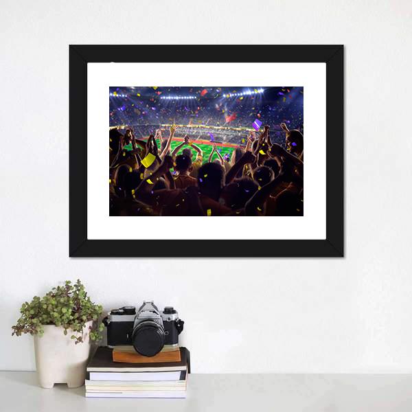 Fans On Stadium Soccer Game Confetti And Tinse Canvas Wall Art-1 Piece-Framed Print-20" x 16"-Tiaracle