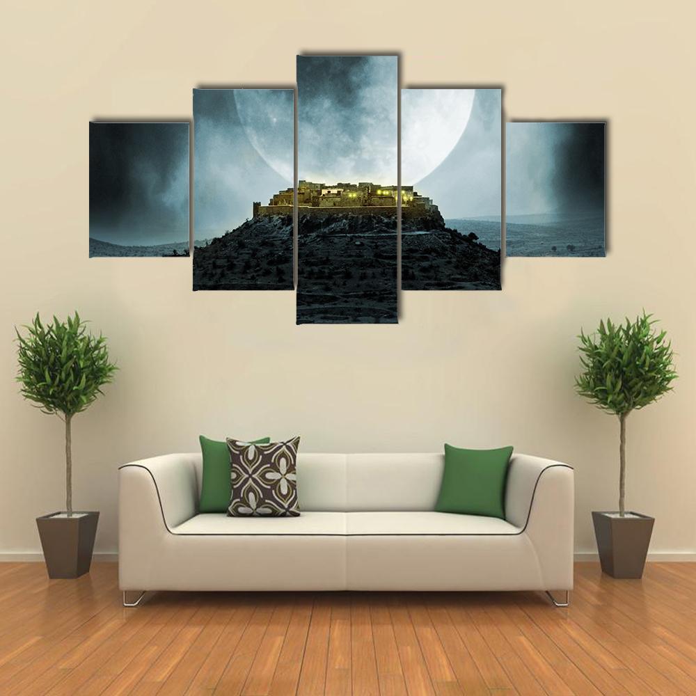Fantasy Hill With Moon Canvas Wall Art-5 Star-Gallery Wrap-62" x 32"-Tiaracle