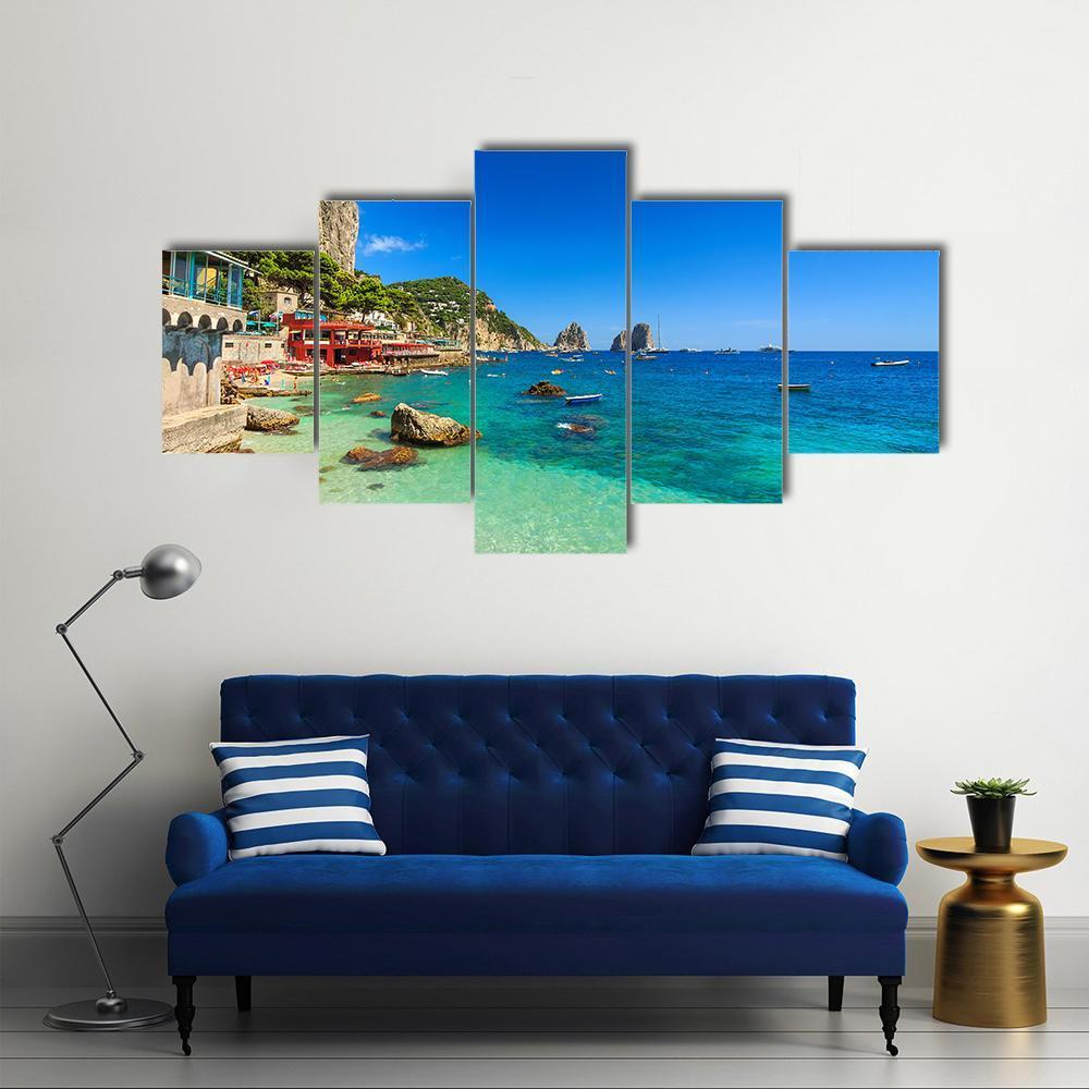 Faraglioni Cliffs & Beach Canvas Wall Art-5 Star-Gallery Wrap-62" x 32"-Tiaracle