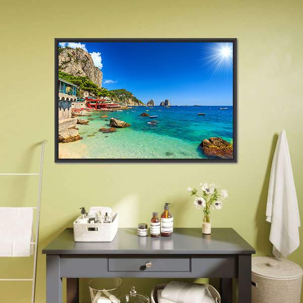 Faraglioni Cliffs & Beach Canvas Wall Art-1 Piece-Floating Frame-24" x 16"-Tiaracle
