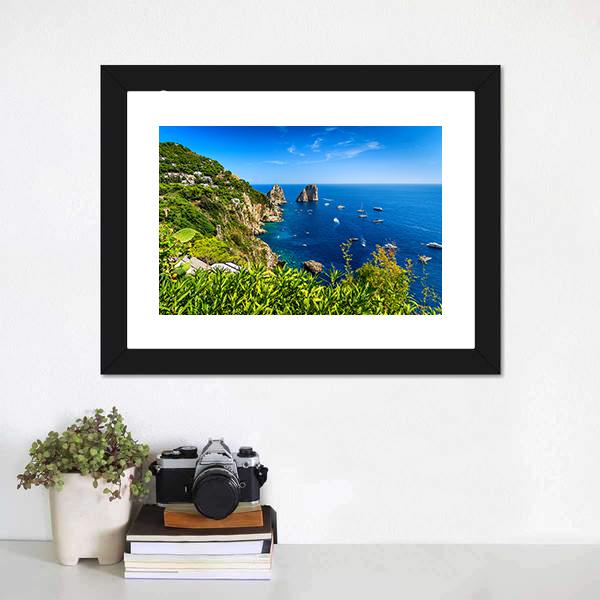 Faraglioni Cliffs Panorama Canvas Wall Art-1 Piece-Framed Print-20" x 16"-Tiaracle
