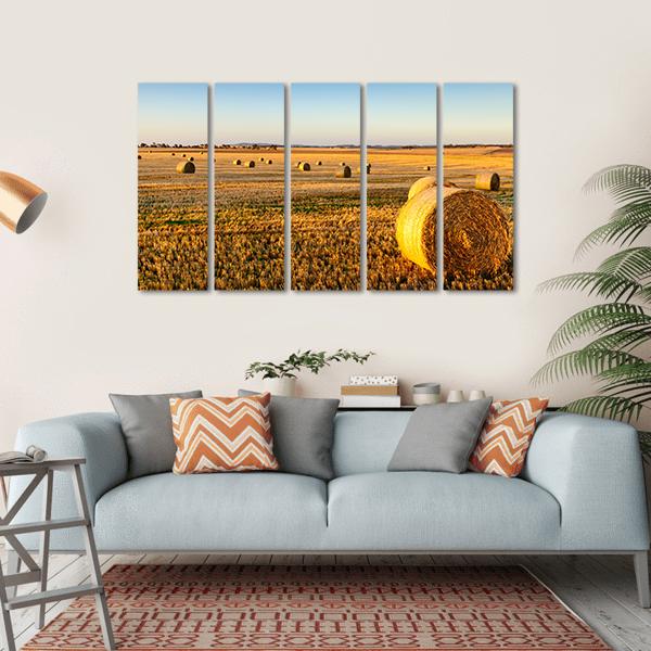 Farm Land Hay Bales On A Sunset Canvas Wall Art-5 Horizontal-Gallery Wrap-22" x 12"-Tiaracle