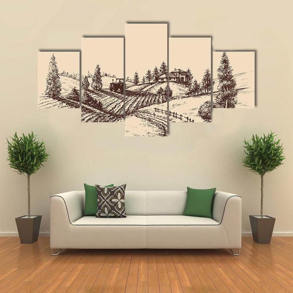 Farm Landscape Etch Canvas Wall Art-5 Star-Gallery Wrap-62" x 32"-Tiaracle