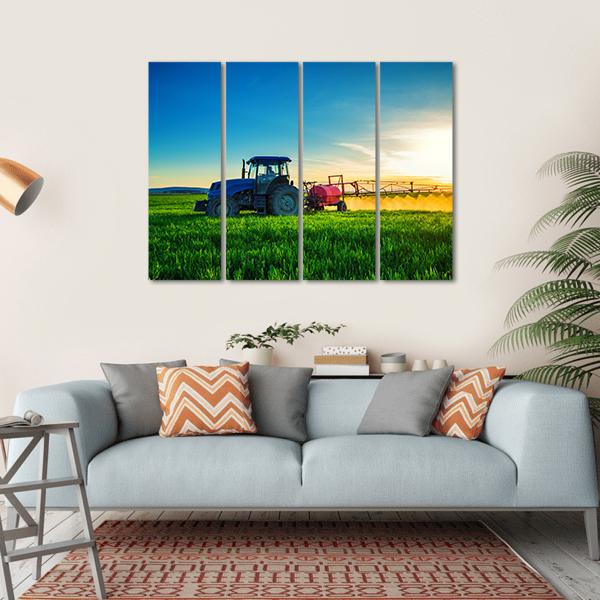 Farming Tractor Plowing & Spraying Canvas Wall Art-4 Horizontal-Gallery Wrap-34" x 24"-Tiaracle