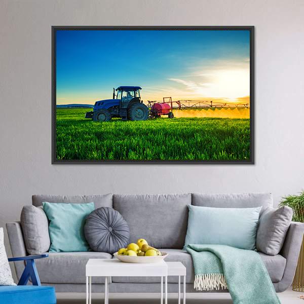 Farming Tractor Plowing & Spraying Canvas Wall Art-5 Horizontal-Gallery Wrap-22" x 12"-Tiaracle