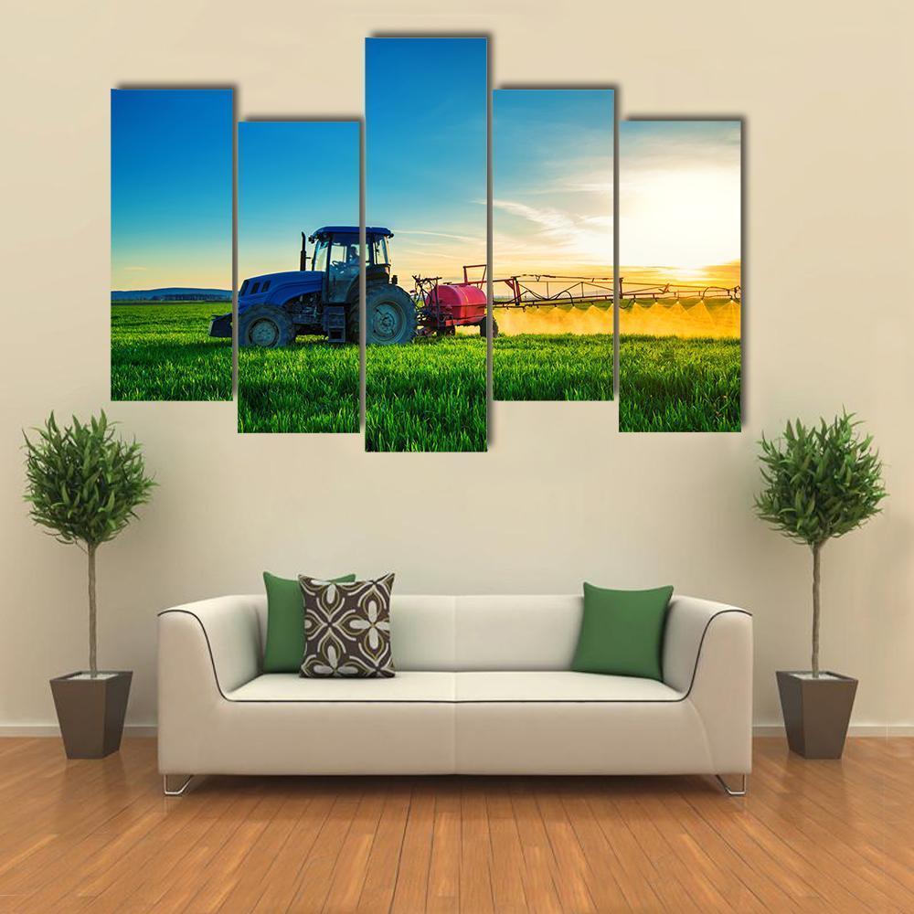 Farming Tractor Plowing & Spraying Canvas Wall Art-5 Pop-Gallery Wrap-47" x 32"-Tiaracle