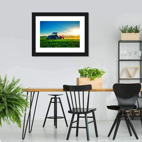 Farming Tractor Plowing & Spraying Canvas Wall Art-3 Horizontal-Gallery Wrap-25" x 16"-Tiaracle