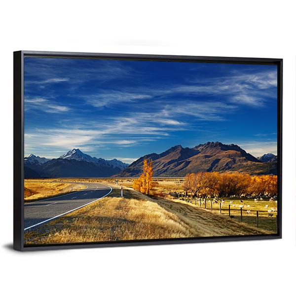 Farmland With Mount Cook Canvas Wall Art-5 Horizontal-Gallery Wrap-22" x 12"-Tiaracle