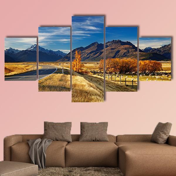Farmland With Mount Cook Canvas Wall Art-5 Star-Gallery Wrap-62" x 32"-Tiaracle