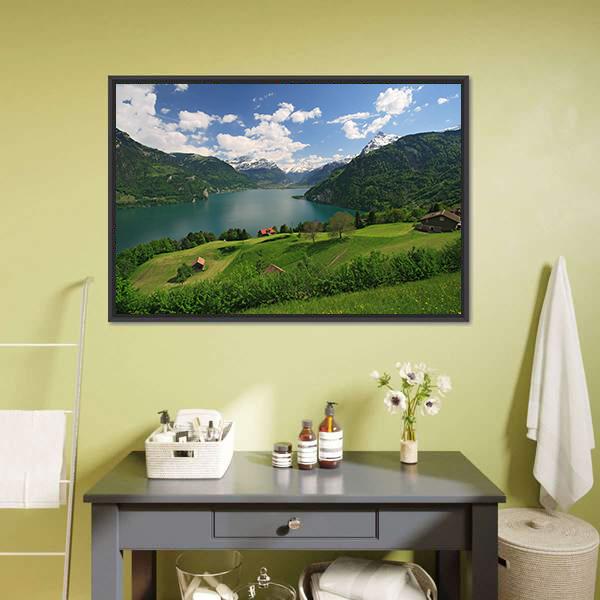 Farms With Lake Lucerne Canvas Wall Art-1 Piece-Floating Frame-24" x 16"-Tiaracle
