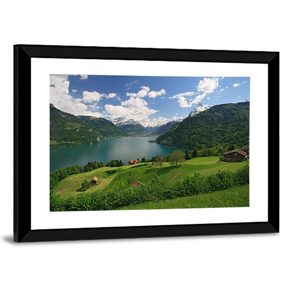 Farms With Lake Lucerne Canvas Wall Art-3 Horizontal-Gallery Wrap-25" x 16"-Tiaracle