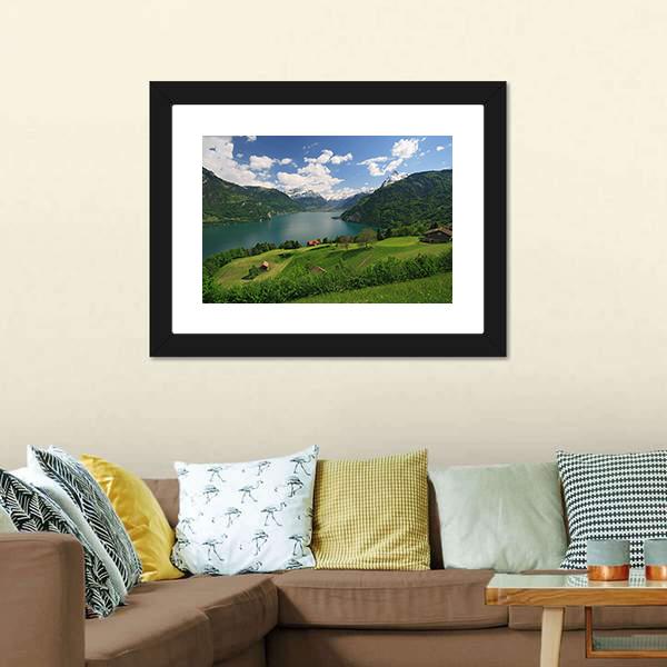 Farms With Lake Lucerne Canvas Wall Art-3 Horizontal-Gallery Wrap-25" x 16"-Tiaracle