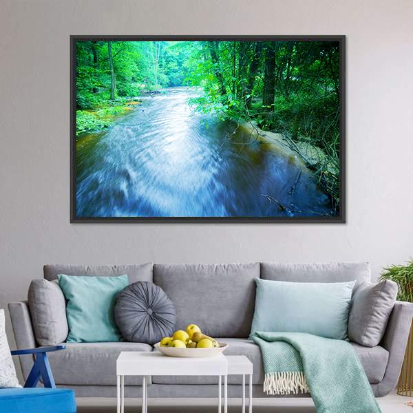 Fast Stream In Forest Canvas Wall Art-5 Horizontal-Gallery Wrap-22" x 12"-Tiaracle