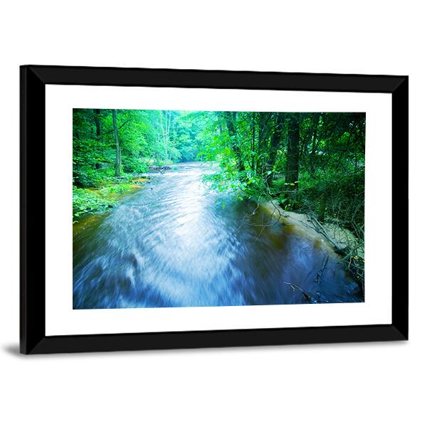 Fast Stream In Forest Canvas Wall Art-5 Horizontal-Gallery Wrap-22" x 12"-Tiaracle