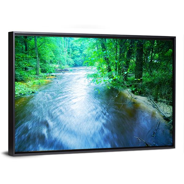 Fast Stream In Forest Canvas Wall Art-5 Horizontal-Gallery Wrap-22" x 12"-Tiaracle
