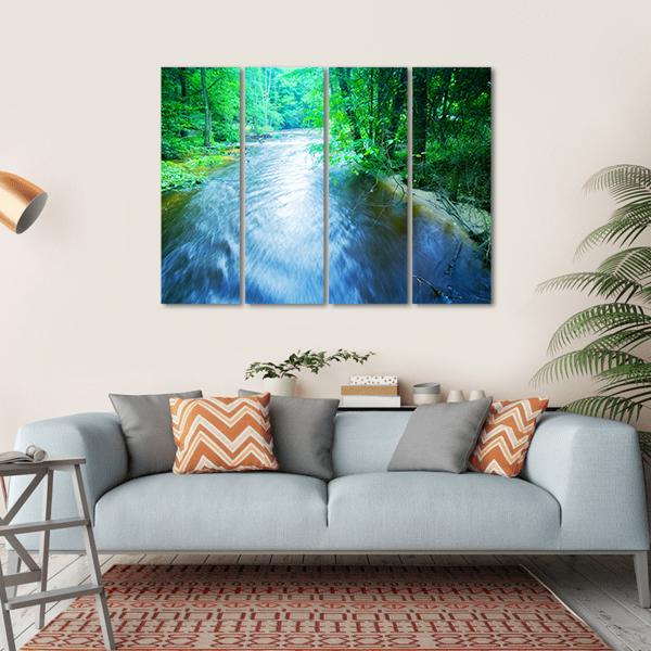 Fast Stream In Forest Canvas Wall Art-4 Horizontal-Gallery Wrap-34" x 24"-Tiaracle