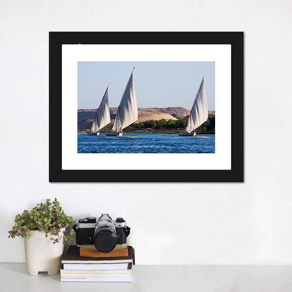 Feluccas In River Nile Canvas Wall Art-1 Piece-Framed Print-20" x 16"-Tiaracle