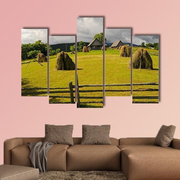 Field With Haystack Canvas Wall Art-5 Pop-Gallery Wrap-47" x 32"-Tiaracle