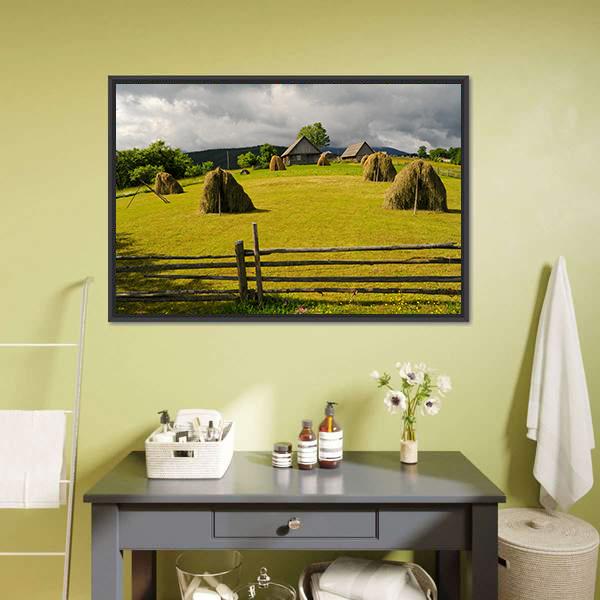 Field With Haystack Canvas Wall Art-1 Piece-Floating Frame-24" x 16"-Tiaracle
