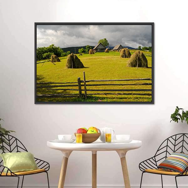Field With Haystack Canvas Wall Art-3 Horizontal-Gallery Wrap-25" x 16"-Tiaracle