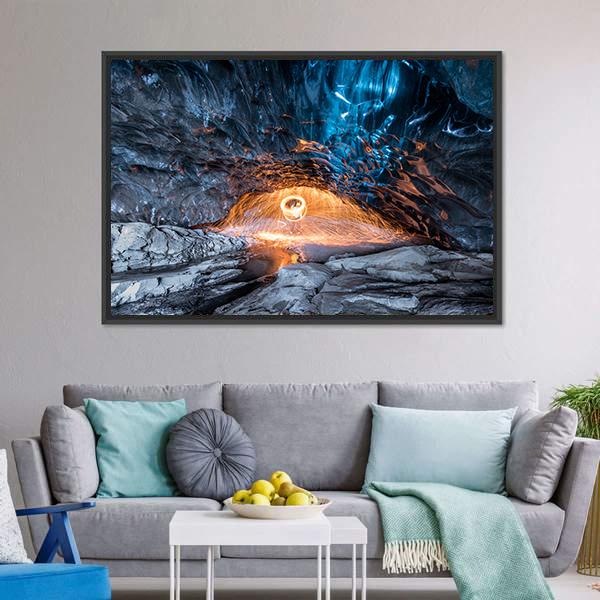 Fire Show In Ice Cave Canvas Wall Art-1 Piece-Floating Frame-24" x 16"-Tiaracle