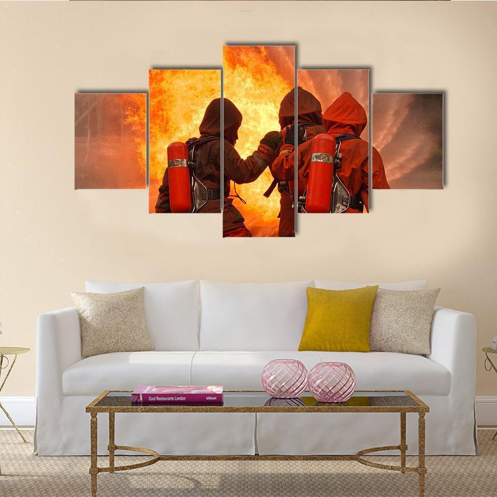 Firefighters In Action Canvas Wall Art-5 Star-Gallery Wrap-62" x 32"-Tiaracle