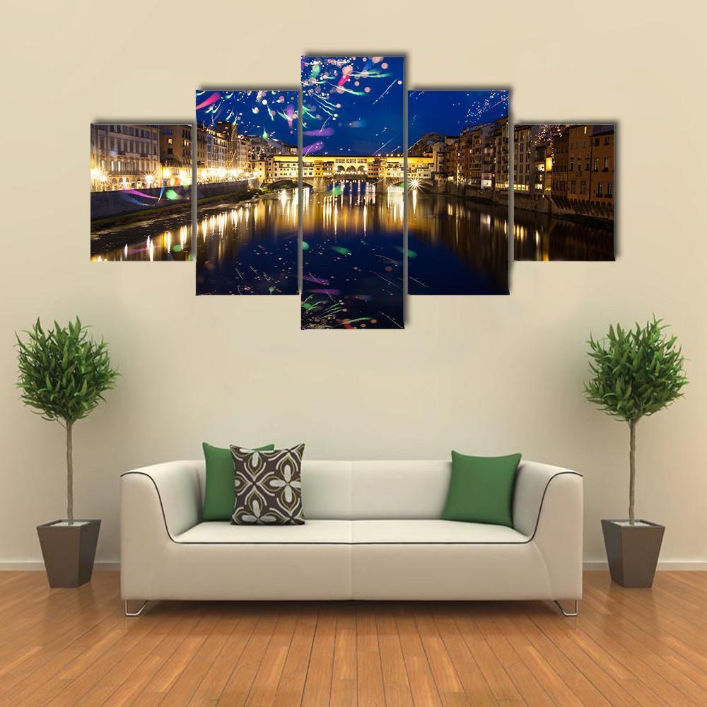 Fireworks On River Arno Canvas Wall Art-5 Star-Gallery Wrap-62" x 32"-Tiaracle