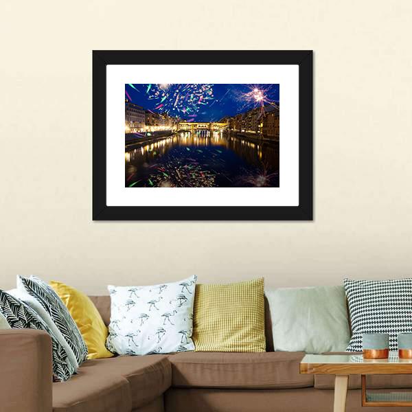 Fireworks On River Arno Canvas Wall Art-3 Horizontal-Gallery Wrap-25" x 16"-Tiaracle