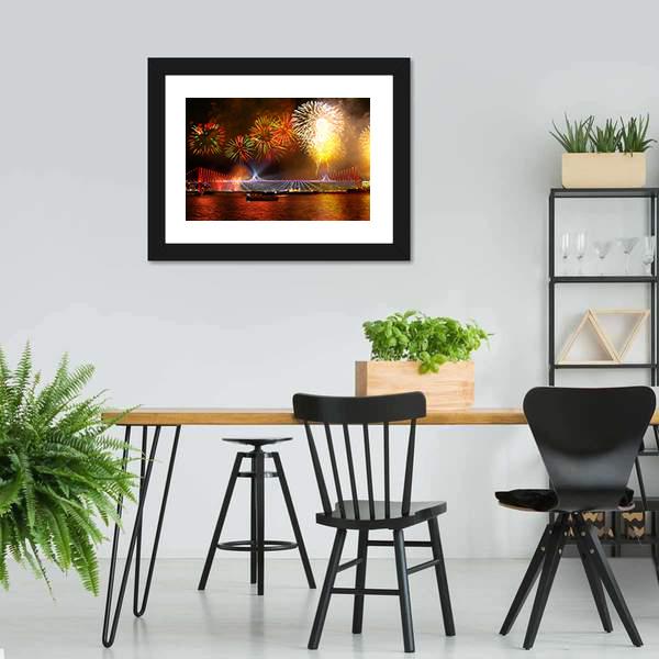 Fireworks Over Bosporus Bridge Canvas Wall Art-3 Horizontal-Gallery Wrap-25" x 16"-Tiaracle