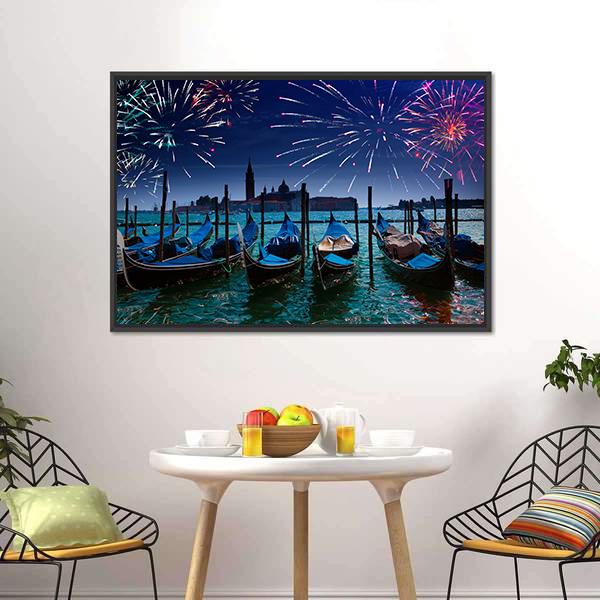 Fireworks Over Canal Canvas Wall Art-5 Horizontal-Gallery Wrap-22" x 12"-Tiaracle