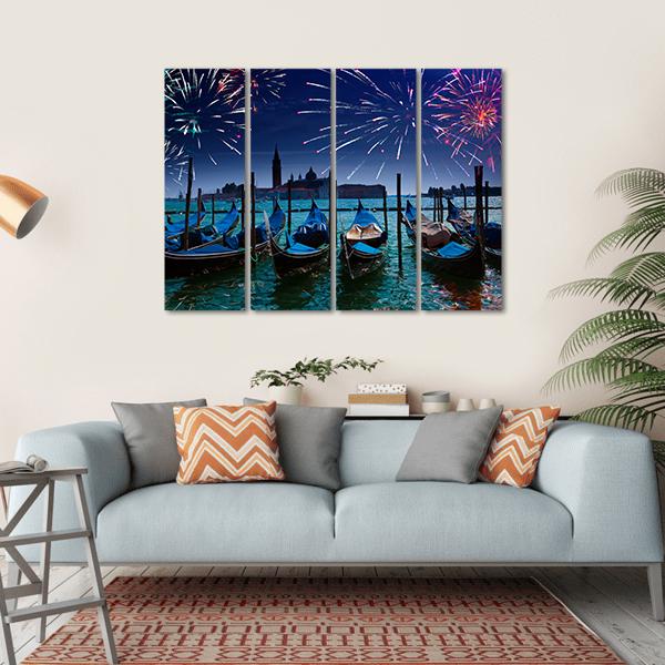 Fireworks Over Canal Canvas Wall Art-4 Horizontal-Gallery Wrap-34" x 24"-Tiaracle