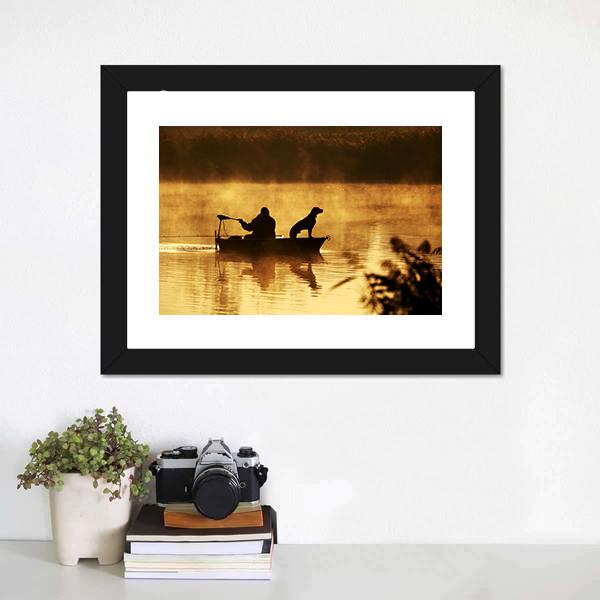 Fisher Man & Dog Silhouette Canvas Wall Art-1 Piece-Framed Print-20" x 16"-Tiaracle