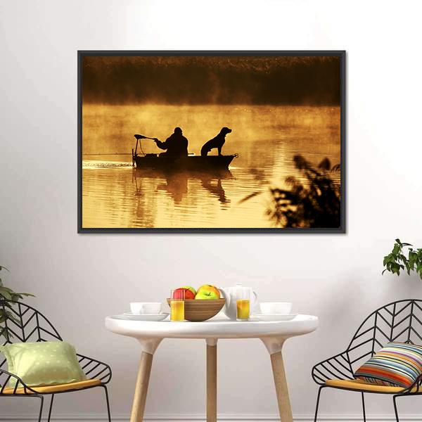 Fisher Man & Dog Silhouette Canvas Wall Art-5 Horizontal-Gallery Wrap-22" x 12"-Tiaracle