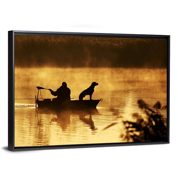 Fisher Man & Dog Silhouette Canvas Wall Art-5 Horizontal-Gallery Wrap-22" x 12"-Tiaracle