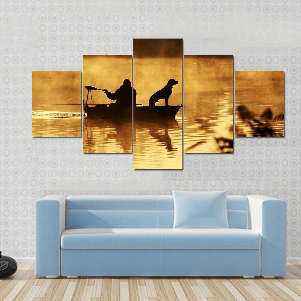 Fisher Man & Dog Silhouette Canvas Wall Art-5 Star-Gallery Wrap-62" x 32"-Tiaracle