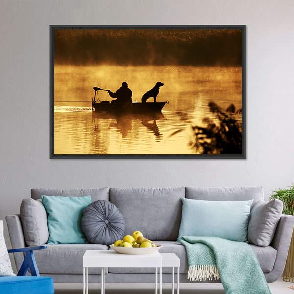 Fisher Man & Dog Silhouette Canvas Wall Art-3 Horizontal-Gallery Wrap-25" x 16"-Tiaracle