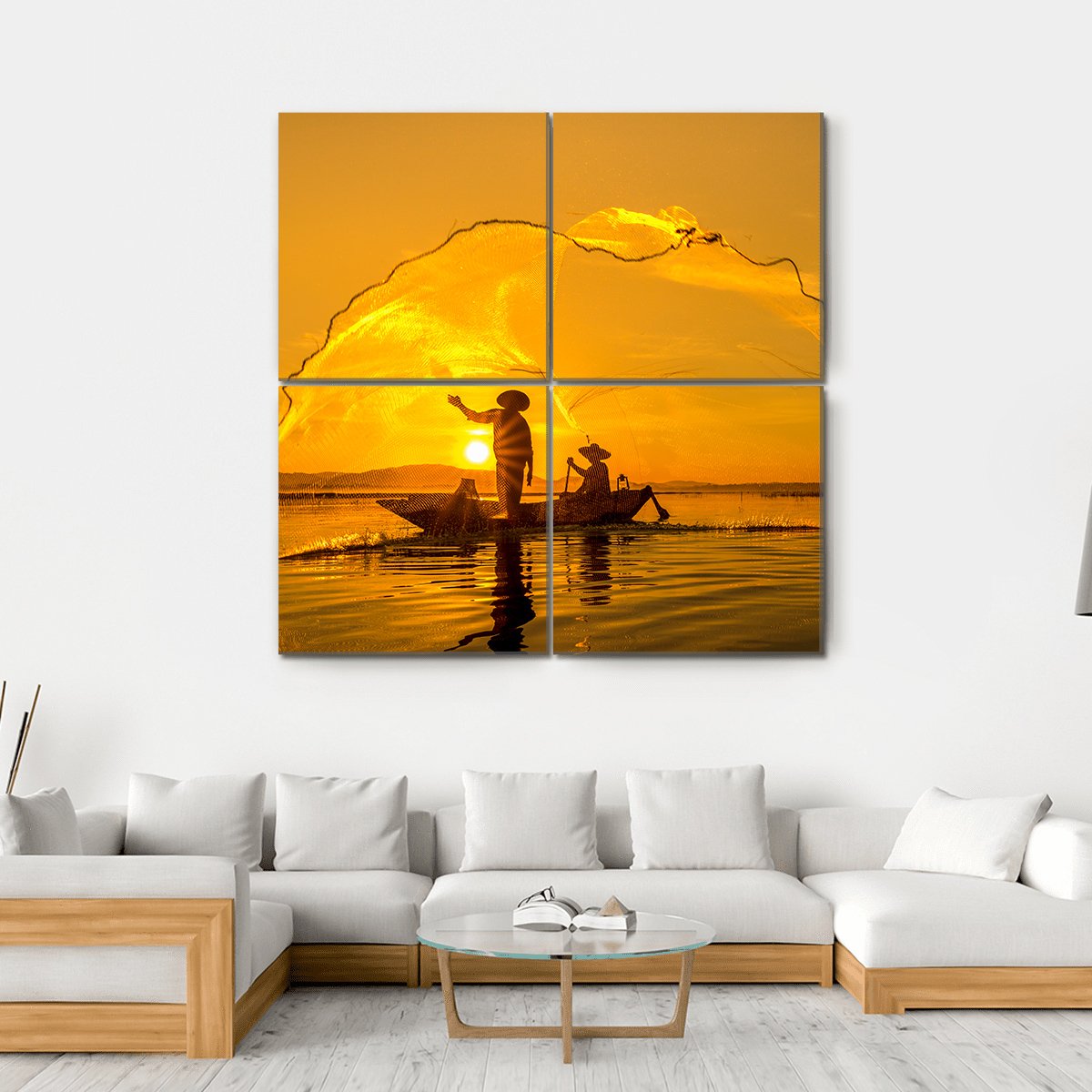 Fisherman Of Bangpra Lake In Thailand Canvas Wall Art-4 Square-Gallery Wrap-17" x 17"-Tiaracle