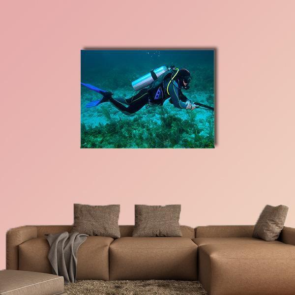 Fisherman With Speargun Canvas Wall Art-1 Piece-Gallery Wrap-48" x 32"-Tiaracle