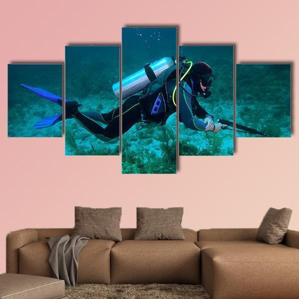 Fisherman With Speargun Canvas Wall Art-5 Star-Gallery Wrap-62" x 32"-Tiaracle