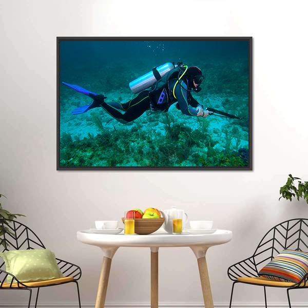 Fisherman With Speargun Canvas Wall Art-3 Horizontal-Gallery Wrap-25" x 16"-Tiaracle