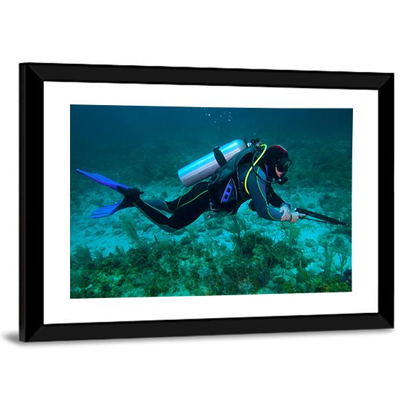 Fisherman With Speargun Canvas Wall Art-3 Horizontal-Gallery Wrap-25" x 16"-Tiaracle