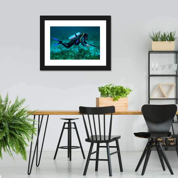 Fisherman With Speargun Canvas Wall Art-3 Horizontal-Gallery Wrap-25" x 16"-Tiaracle